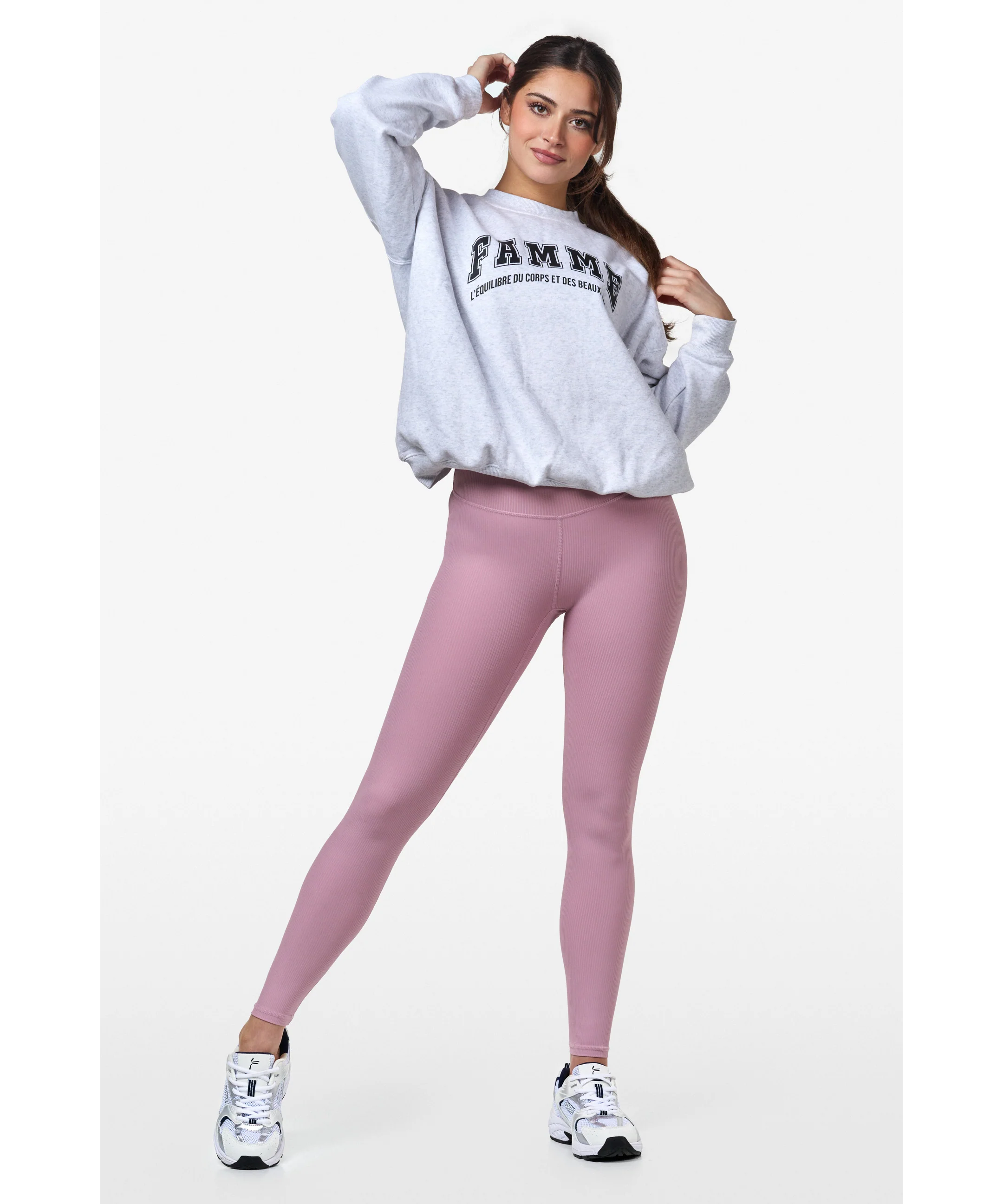 Famme Ribbed High Waisted Leggings Pink GymWear UK